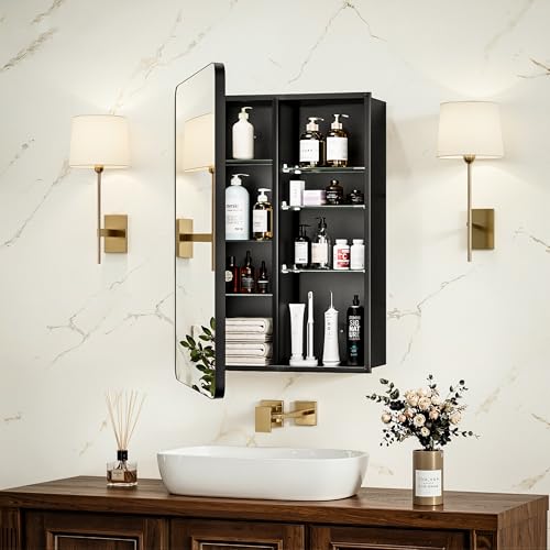 16x24 Medicine Cabinet with Mirror, Aluminum Bathroom Wall Organizer, Pre-Assembled, Center Partition for Tall Bottles, 6 Adjustable Shelves, Soft-Close, Recessed/Surface Mount, Matte Black - size: 16" x 24"