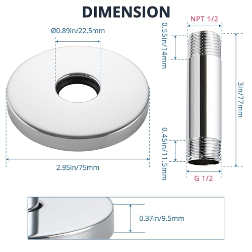 Straight Shower Arm with Flange, Ceiling Mount 3 Inches Rain Shower Head Arm Extension Replacement with Anti-Scratch Escutcheon Plate, DOLGABA Polished Chrome - color: Round Polished Chrome 3 Inch