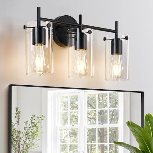Indoi Bathroom Light Fixtures, 3-Light Matte Black Vanity Light, Black Bathroom Lights Over Mirror with Clear Glass Shade, Wall Sconces for Mirror Bedroom Living Room Hallway - color: Matte Black