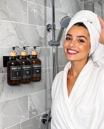 Luxspire 17oz Shampoo and Conditioner Dispenser 3 Sets for Bathroom, Amber | Matte PET bottle, no-drill stainless bracket, detachable pump, dual wall/counter install with classification stickers - color: Amber Brown