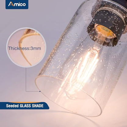 Amico 5-Light Farmhouse Bathroom Vanity Light, Seeded Glass, Black & Wood | Bubble Glass Shade Wall Sconce, Over Mirror Lighting for Bathroom, Bedroom, Living Room, Hallway, Powder Room, Entryway - size: 5-Light