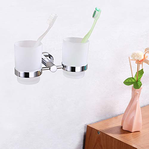 Double Toothbrush Holder, Angle Simple Stainless Steel Toothbrush Holder Rinsing Cups Drinking Glass Toothbrush Mug Hanger Toothpaste Razor Holder Bathroom Accessories, Chrome - color: Chrome