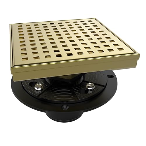 6 Inch Square Shower Drain Gold Floor Drain with Flange Square Holes Pattern Cover Grate Removable SUS304 Stainless Steel Watermark&CUPC Certified Brushed Gold - color: Brushed Gold, size: 6 Inch
