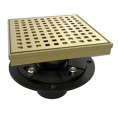 6 Inch Square Shower Drain Gold Floor Drain with Flange Square Holes Pattern Cover Grate Removable SUS304 Stainless Steel Watermark&CUPC Certified Brushed Gold - color: Brushed Gold, size: 6 Inch