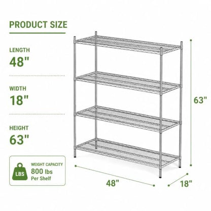 APLSS NSF 4-Tier Chrome Storage Shelves, 18"x48"x63", Dry Environments, Commercial Heavy Duty Steel Wire Shelving Unit, 800lbs Per Shelf, Kitchen Garage - color: Chrome, size: 18"x48"x63"