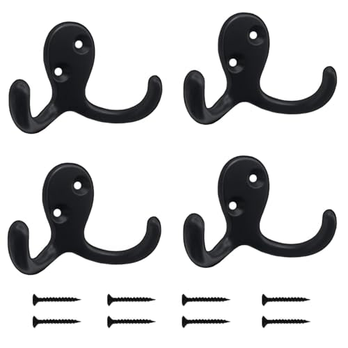 Kruodop 4 Pack Wall Hooks Wall Mounted Coat Hooks for Hanging Heavy Duty, Black Towel Hooks, Metal Double Coat Hanger with Screws Cup Retro for Coats, Handbags, Towels, Hat - color: black4pcs