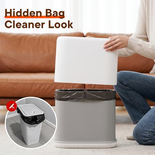 Air-Pressure Liner Fit Trash Can with Lid, Press-Top Slim Garbage Bin, Hidden Bag Design, Pet-Resistant Small Narrow Wastebasket for Kitchen, Bedroom, Bathroom, Office & Dorm - size: Medium | 2.3 Gal | 75 Trash Bags