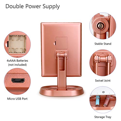 Trifold Lighted Vanity Makeup Mirror with 21 LEDs Lights,1x/2x/3x Magnification and Touch Screen Dimming,Two Power Supplies Makeup Mirror, Gift for Women - color: Rose Gold