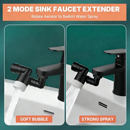 1440° Rotatable Faucet Extender - Universal Kitchen Sprayer, 2 Modes Splash Water Aerator, 1080°+360° Rotating Sink Faucet Aerator Extension, Swivel Faucet Adapter for Kitchen/Bathroom Black