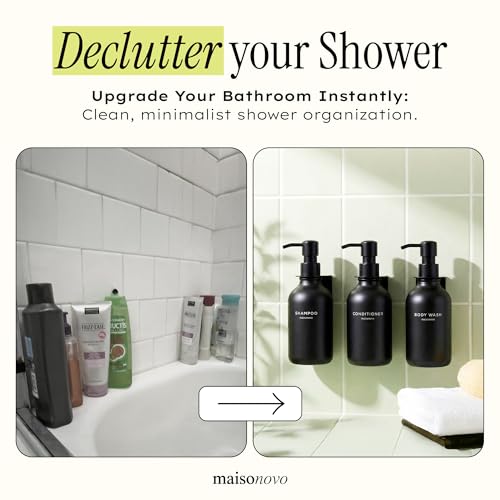 MaisoNovo Shampoo and Conditioner Dispenser|Refillable Black Set of 3 | 500 ml Shower Gel Dispenser Set of 3. Refillable Shampoo and Conditioner Bottles. Drill Free Secure Design. Black - color: Black Set of 3