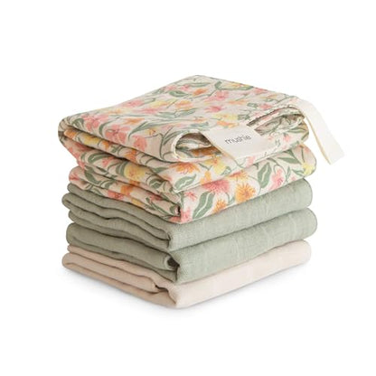 mushie Muslin Organic Cotton Washcloths 5-Pack (Pastel Blooms Combo) | Soft Wipes for Baby Cleanups and Bathing - color: Pastel Blooms Combo