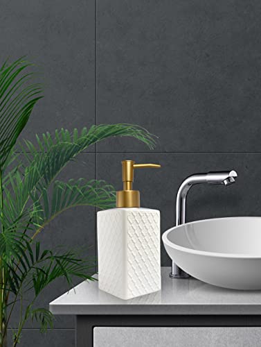 Gold Soap Dispenser for Bathroom,Retro White Square Lotion Dispenser, Refillable Countertop Ceramic Hand Soap Dispenser,Dish Soap Dispenser for Kitchen 350ml(Relief White Square Bottle) - color: Relief White Square Bottle