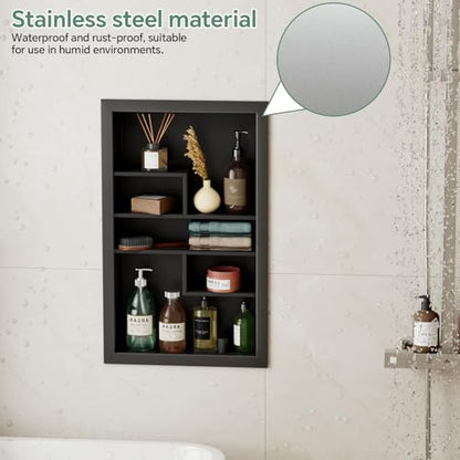 Stainless Steel Recessed Medicine Cabinet 14 * 24, Rust-proof Metal Wall Niche, In Wall Shower Niche Shelf Insert Replacement, Recessed Medicine Cabinets for Drywall, with 5 Compartments, Black - color: Black, size: 24''H * 14''W (5 Compartments)