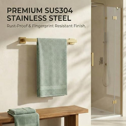 5-Piece Bathroom Hardware Set, 23.6 in Towel Bar, Brushed Gold | 304 stainless steel, towel ring, toilet paper holder, 2 robe hooks, wall-mounted, installation hardware included - color: Brushed Gold