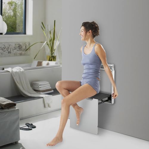 Folding Shower Seat Wall Mounted Heavy Duty Aluminum Alloy Bath Chair with Handrail Non Slip Pads for Elderly Disabled Pregnant Women Bathroom Shower Room