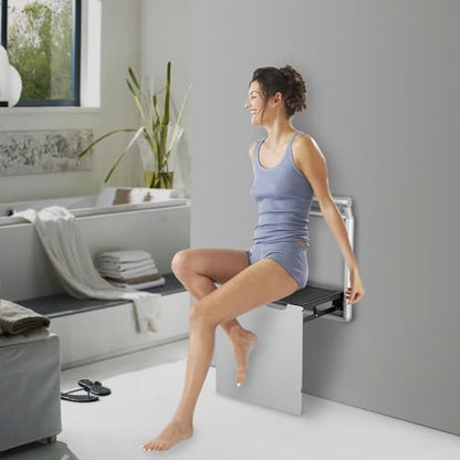 Folding Shower Seat Wall Mounted Heavy Duty Aluminum Alloy Bath Chair with Handrail Non Slip Pads for Elderly Disabled Pregnant Women Bathroom Shower Room