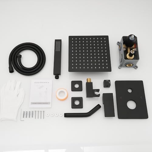 Shower Faucet Set Rain Shower System Matte Black with High Pressure 8-Inch Shower Head Handheld Square Shower Head Bathroom Luxury Rain Shower Faucet Shower Complete Combo Kit Wall Mounted - color: Matte Black, style: 8"- 2 Function