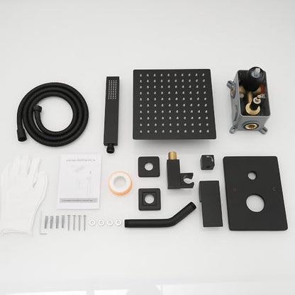 Shower Faucet Set Rain Shower System Matte Black with High Pressure 8-Inch Shower Head Handheld Square Shower Head Bathroom Luxury Rain Shower Faucet Shower Complete Combo Kit Wall Mounted - color: Matte Black, style: 8"- 2 Function