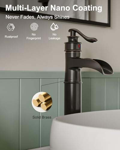 BWE Waterfall Spout Oil Rubbed Bronze Bathroom Faucet Vessel Sink Faucet | Single Handle One Hole Tall Sink Faucet Bathroom ORB Lavatory Faucets Deck Mount Commercial with Pop Up Drain 2 Supply Lines - color: Bronze
