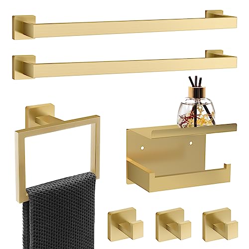 Dorudon atrox 7 Piece Gold Bathroom Hardware Set with Brushed Gold Bathroom Accessories - Square 2 Towel Bars Towel Rack Stainless Steel 23-Inch - color: Brushed Gold, size: 23 IN