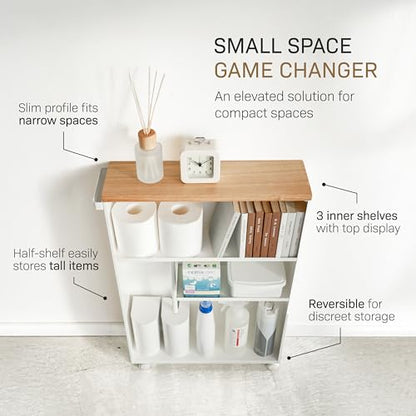 Yamazaki Home Slim Rolling Storage Cart – Narrow Bathroom Storage Cabinet With Handle, Slim Bathroom Storage Cart With Wheels, Easy Assembly, Steel + Wood, White, 27" - Steel - - color: White