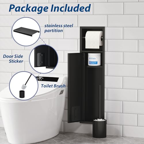 Qeke in Wall Toilet Brush Holder w/Cabinet, Black, 4" Depth | 304 Stainless Steel Rustproof Recessed Toilet Brush Holder, Tissue Paper Holder w/ Toilet Brush for Bathroom - color: Matte Black
