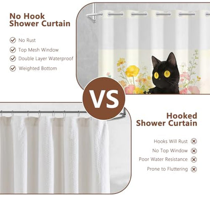 Floral No Hook Shower Curtain and Liner Set, Double-Layer Waterproof Cat Shower Curtain with Mesh Top Window and Weighted Bottom, Machine Washable Farmhouse Shower Curtains for Bathroom, 71"W x 74"L - color: Cat in Flowers