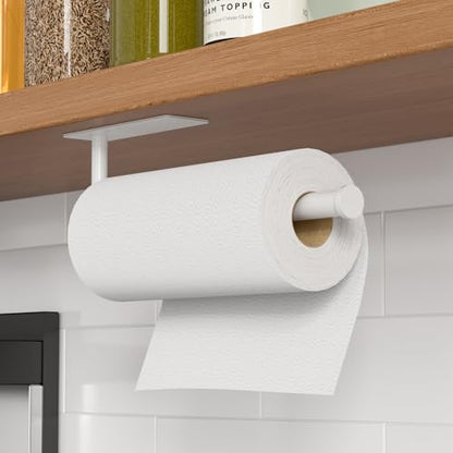 Paper Towel Holder Under Cabinet, Self-Adhesive,No Drilling, Stainless Steel, Wall-Mounted for Kitchen and Bathroom, Easy Install, Durable, Space-Saving, Ideal for Home, RV (White, 1 Pack) - color: White