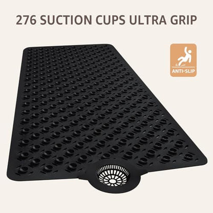 OTHWAY Bath Mat for Tub Non Slip: 39" X 17" Long Bathtub Mat with Hair Catcher│Big Drain Holes Shower Mats for Inside Shower│Machine Washable (Black) - color: Black
