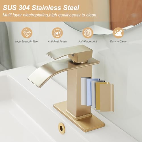 Bathroom Sink Faucet Waterfall Single Handle with Deck Plate | Brushed Gold,Pop Up Drain,Single Hole,Precise Water Adjustment,Rust-resistant Construction,Easy to Clean,Long-lasting Use - color: Brushed Gold, size: Modern Bathroom Sink Faucet