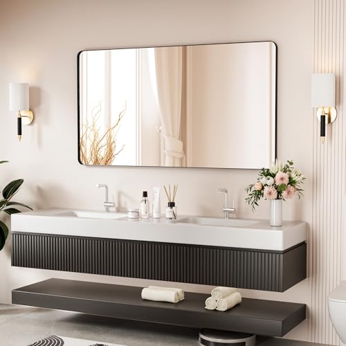 Black Bathroom Mirror 55X30 Inch Bathroom Vanity Mirror for Wall, Metal Frame Large Mirror, Tempered Glass, Modern Wall Mirror for Bathroom, Farmhouse, Horizontally or Vertically Hanging - color: Black, size: 55"L x 30"W