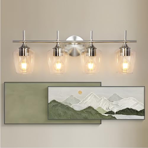 foucasal Bathroom Light Fixtures 4-Light Brushed Nickel Vanity Light | Win Glass Clear Shade, Modern Wall Lights for Bathroom Bedroom Hallway Living Room (Brushed Nickel, 4-Light) - color: Nickel & Clear E26, size: 4-light