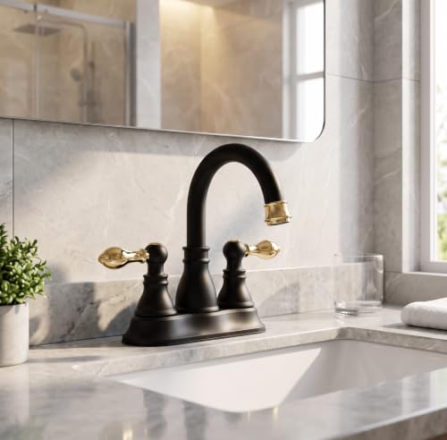 Matte Black with Brass 4 Inch Centerset Bathroom Faucet 3 Hole with Drain | Derengge High Arc Classic 2-Handle Bathroom Sink Faucet, Vanity Lavatory Faucet with 360° Swivel Spout,F-4501-MG - color: Matte Black with Polished Brass Trim