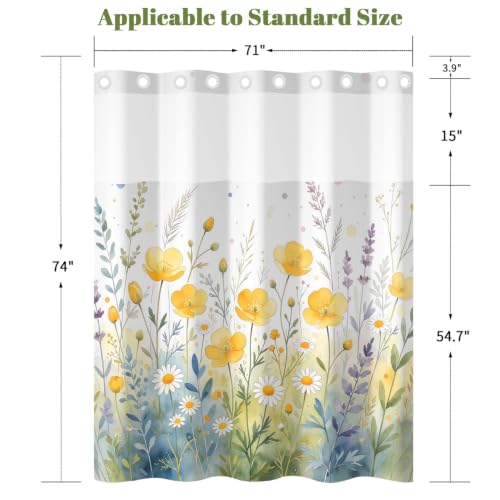 Watercolor Floral Shower Curtain with Snap in Liner, 71x74 Inch | No Hooks Needed, Mesh Top & Double Layer Waterproof Bath Curtain, Wildflower Botanical Design for Country Farmhouse Bathroom - color: Nature Flowers