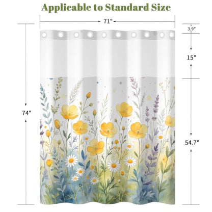 Watercolor Floral Shower Curtain with Snap in Liner, 71x74 Inch | No Hooks Needed, Mesh Top & Double Layer Waterproof Bath Curtain, Wildflower Botanical Design for Country Farmhouse Bathroom - color: Nature Flowers