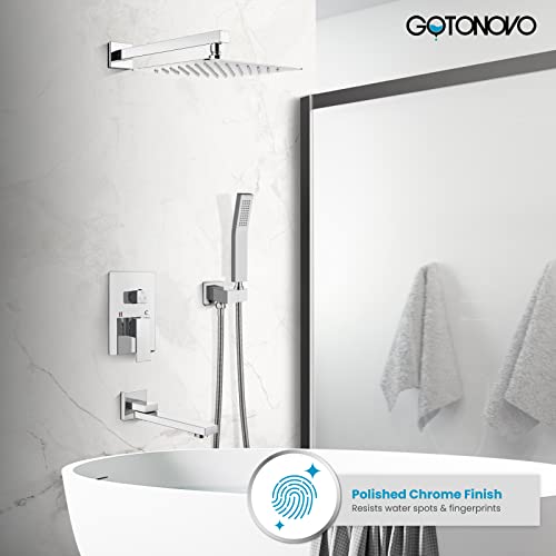 gotonovo Tub Shower Faucet Set with Valve Kit 12’’ Head,Polished Chrome | Shower System with Tub Spout,SUS304 Rain Head with Handheld Sprayer,Swivel Spout,All Metal,Rough-In Valve Trim Kit,Wall Mount - color: Chrome, size: 12’’ Head