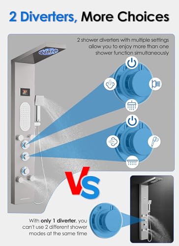 ROVOGO Shower Panel Tower With Hydroelectric LED Lights & Digital Display | Rain Mist Shower Head, Handheld, 2-Type Body Jets, Tub Spout, 50 Inch Shower Column Stainless Steel W/ Brass Valves, Brushed - style: 2-Type Jets Brushed