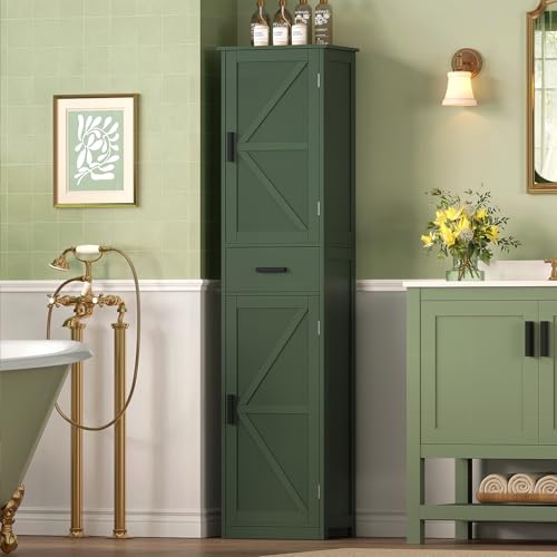 TEENFON Tall Bathroom Cabinet, Storage Cabinet with 6 Shelves & Drawer, Bathroom Storage Cabinet with Adjustable Shelves, Tall Cabinet for Living Room, Home Office, Green