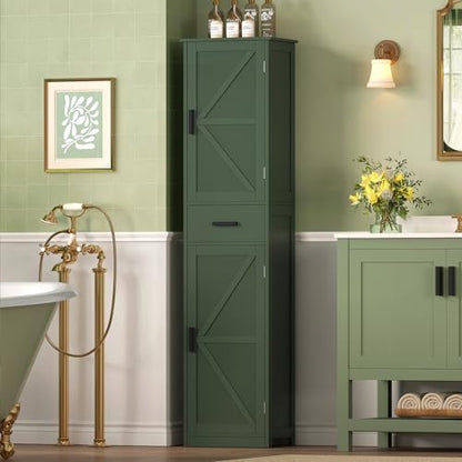 TEENFON Tall Bathroom Cabinet, Storage Cabinet with 6 Shelves & Drawer, Bathroom Storage Cabinet with Adjustable Shelves, Tall Cabinet for Living Room, Home Office, Green