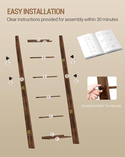 Hzuaneri Blanket Ladder, Decorative Quilt Rack with 4 Removable Hooks | 6-Tier Blanket Ladder Shelf for Bedroom Living Room, Rustic Brown BR30601X - size: 5.6"D x 17"W x 66.7"H