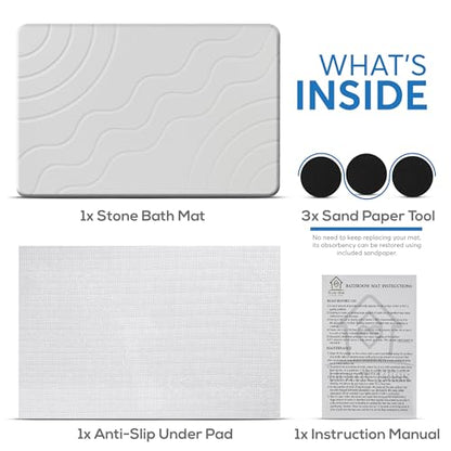 Stone Bath Mat Quick Drying Diatomaceous Earth Bath Mat Non Slip Shower Mat Super Absorbent Stone Bath Mats for Bathroom, Floor, Kitchen Counter, Easy to Clean (23.6” X 15.3”, White) - color: White