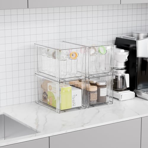 4 Pack Large Stackable Storage Drawers,11″Deep Under Cabinet Organizer,Baby Bottle Organizer,Clear Stacking Pull Out Drawer,Acrylic Storage Containers Bins for Organizing Snack,Medicine,Makeup