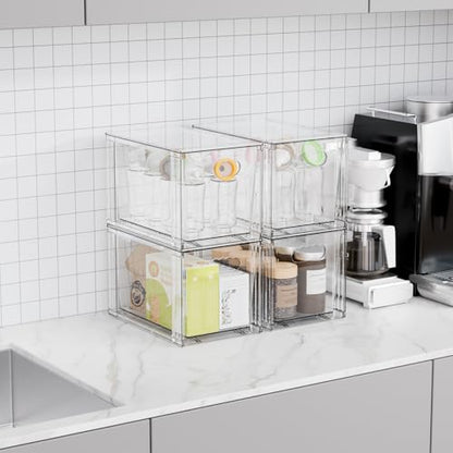 4 Pack Large Stackable Storage Drawers,11″Deep Under Cabinet Organizer,Baby Bottle Organizer,Clear Stacking Pull Out Drawer,Acrylic Storage Containers Bins for Organizing Snack,Medicine,Makeup