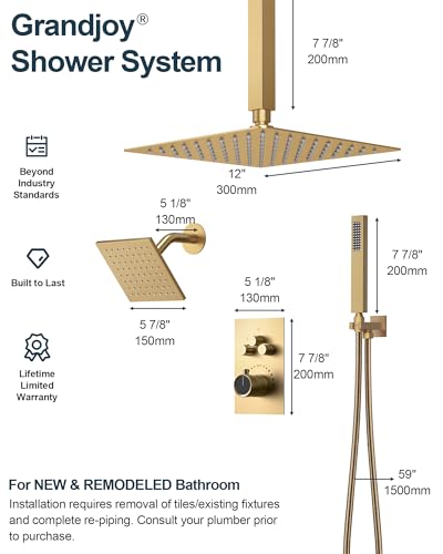Shower Faucet Set with Handheld Spray, Brushed Gold | 12" Ceiling Mount SUS304 Rainfall Shower Head System, 6" Side Head, 3-Function Thermostatic Valve Trim Kit, All Metal - color: Brushed Gold