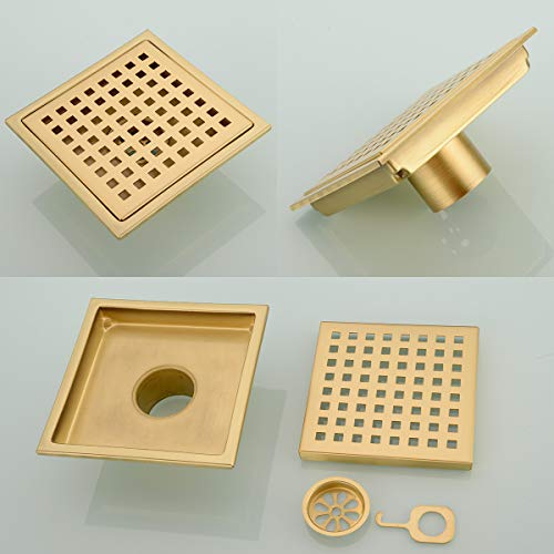 6 inch Stainless Steel Square Shower Floor Drain with Threaded Adapter, Removable Cover Grid Grate, Brushed Gold Brass Finished - color: Brushed Gold