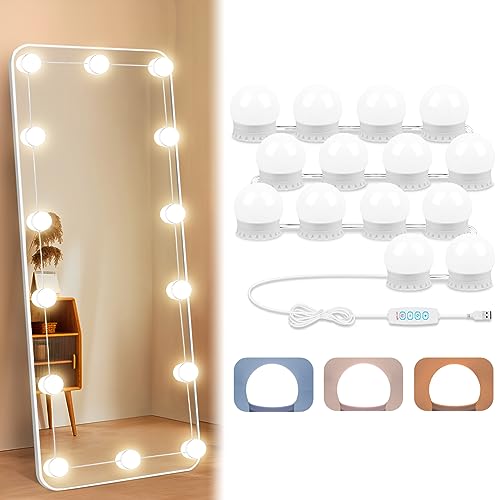 LED Vanity Lights For Mirror, Vanity Light Stick on with 10 Dimmable Bulbs | 3000K 4000K 6500K & 10 Level Brightness Adjustable, USB Cable, Hollywood Mirror Lights for Makeup Dressing Room Bathroom - size: 14 Lights (White)