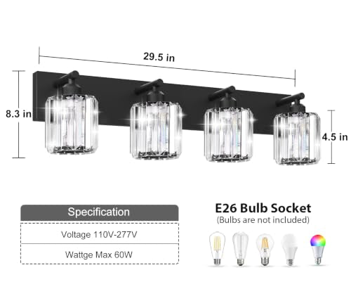 Black Crystal Bathroom Vanity Light, 4-Light Modern Bathroom Lighting Fixtures Over Mirror, Matte Black Wall Sconce Light Fixtures with Round Shade - color: Black-Round Shade, size: 4-LIGHT
