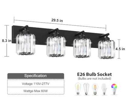 Black Crystal Bathroom Vanity Light, 4-Light Modern Bathroom Lighting Fixtures Over Mirror, Matte Black Wall Sconce Light Fixtures with Round Shade - color: Black-Round Shade, size: 4-LIGHT