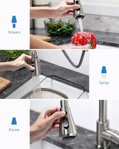 VFAUOSIT Kitchen Faucet with Pull Down Sprayer, Lead-Free Brushed Nickel | NSF 61/372 and cUPC Certified, 3 Spray Modes, 20-Inch Retractable Hose, Cold-Start Safety, 10-Minute Tool-Free Install - color: Brushed Nickel
