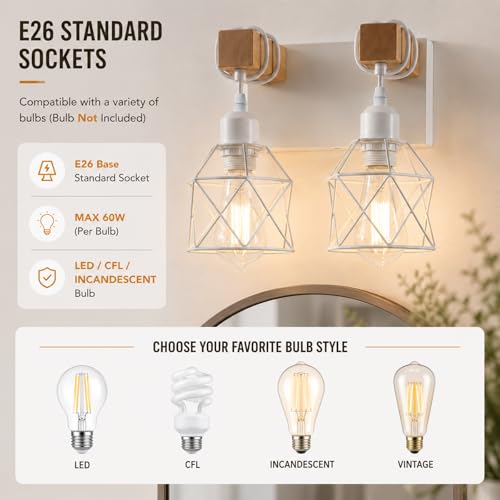Farmhouse Vanity Light Fixture,2-Light Bathroom Lighting,White Modern Wood Wall Light Over Mirror with Metal Shade - color: White, size: 2-Light-Wide 12"